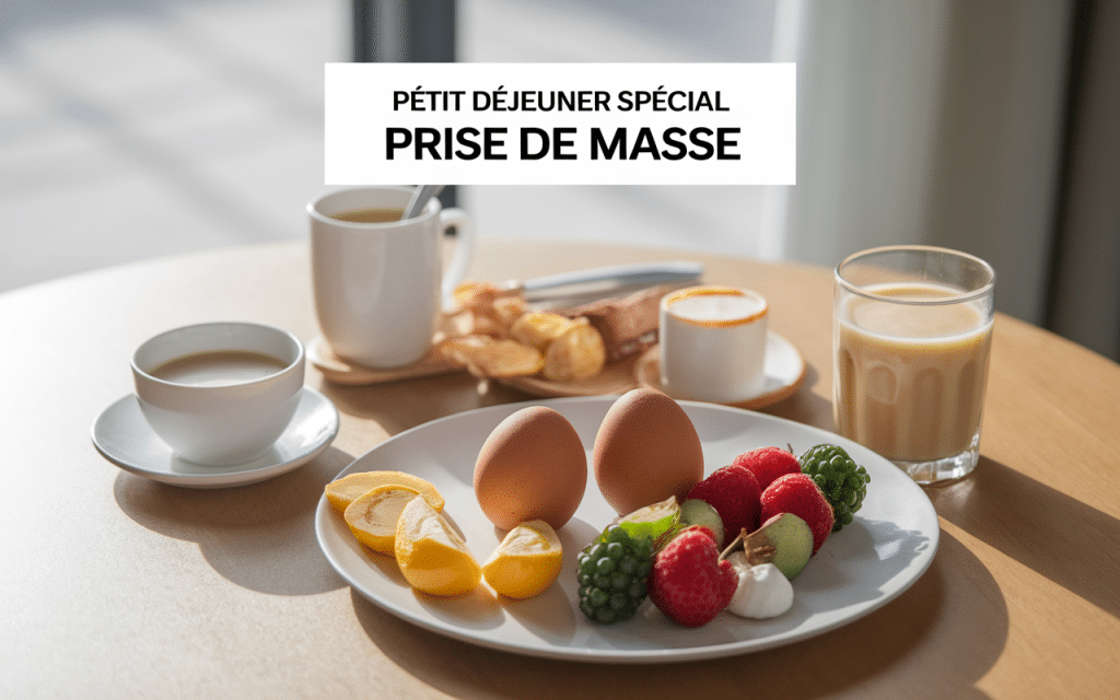 Petit déjeuner complet musculation avec œufs, protéines et nutriments