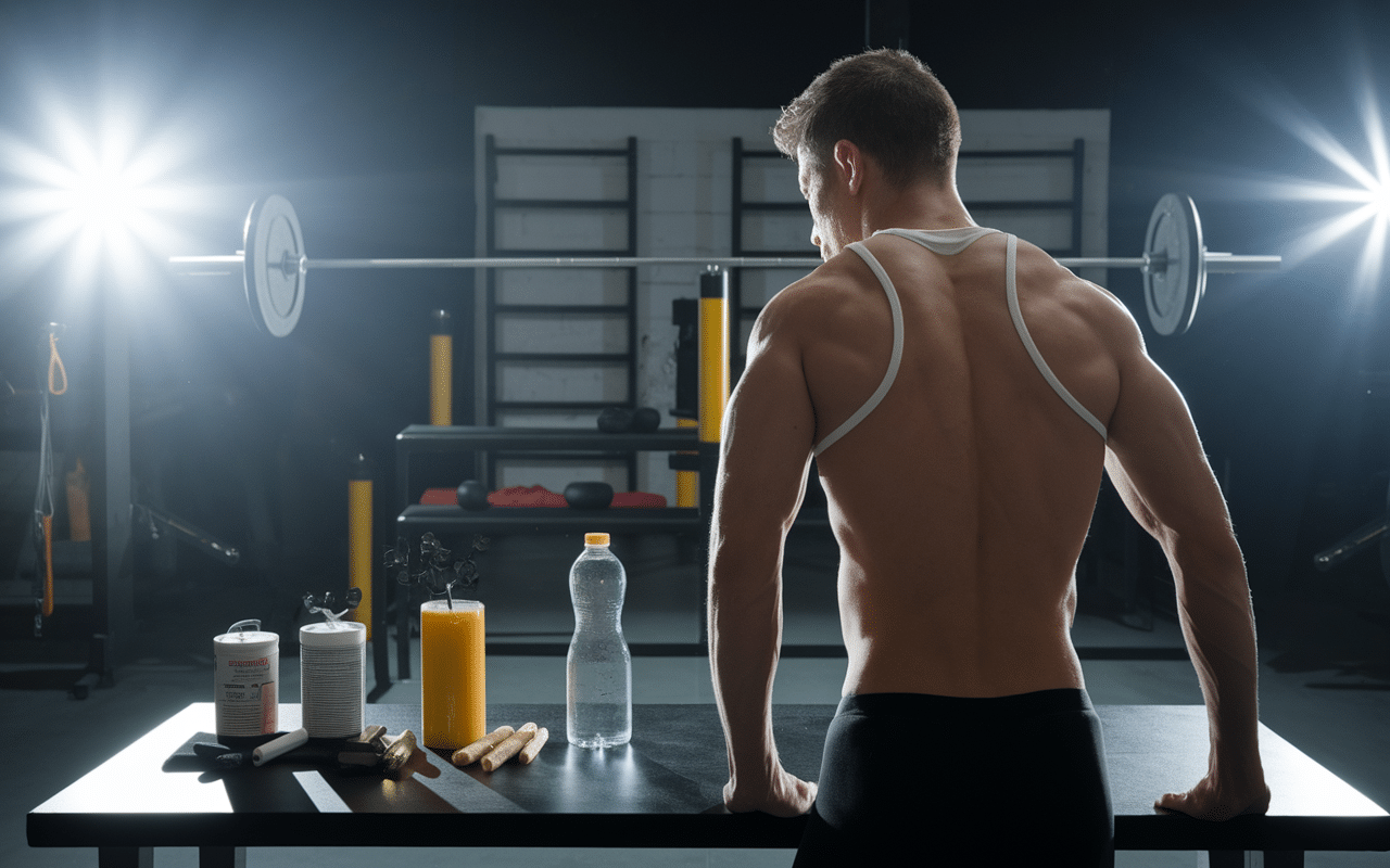 Athlète en salle avec aliments énergétiques