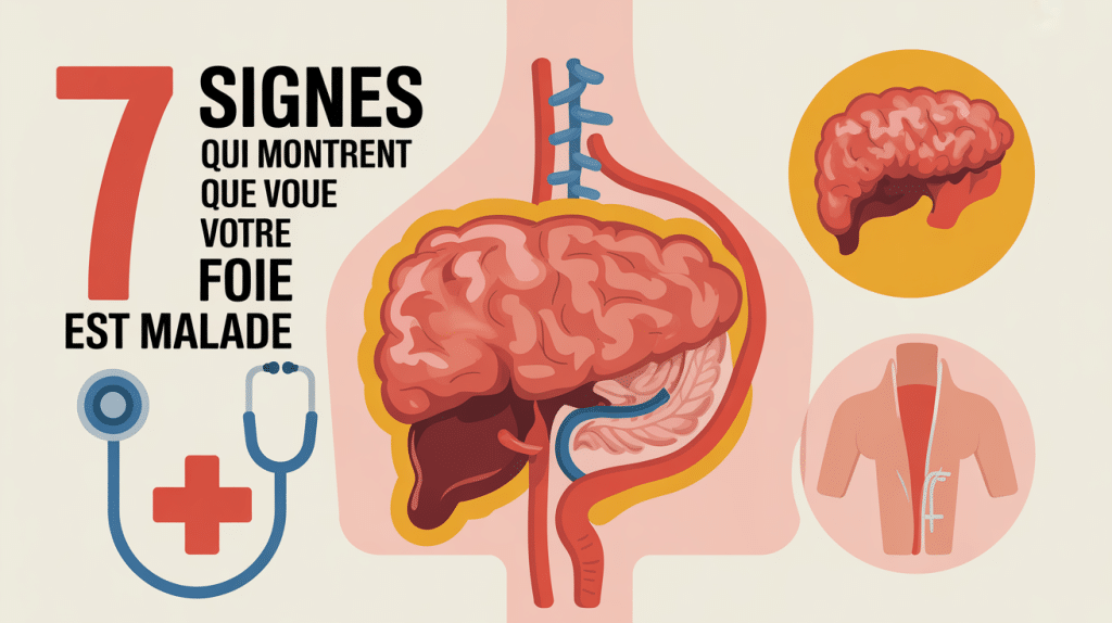Illustration stylisée du foie humain avec symboles médicaux 7 signes qui montrent que votre foie est malade
