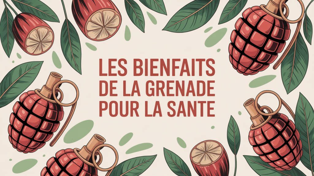 illustration des bienfaits de la grenade avec fruits ouverts et feuilles vertes