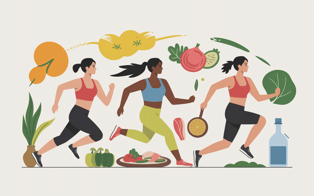 Personnes en mouvement et assiette équilibrée ventre plat