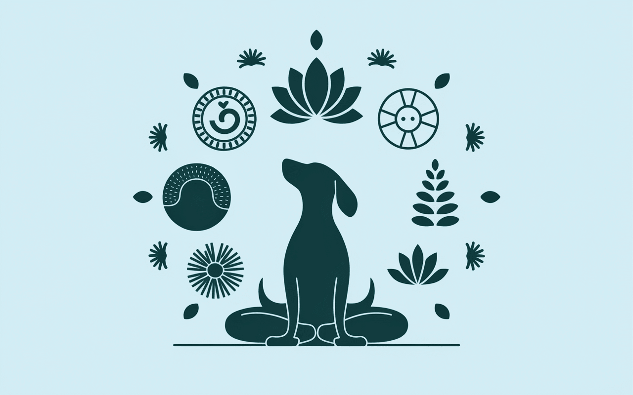 chien tete en bas yoga illustration avec symboles zen