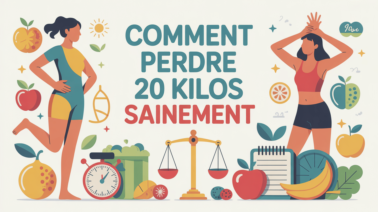 comment perdre 20 kilos illustration santé silhouette fruits haltères