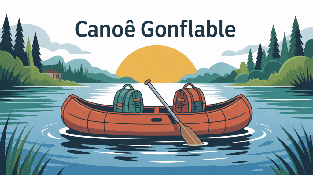 Illustration canoe gonflable avec sacs et famille sur l'eau