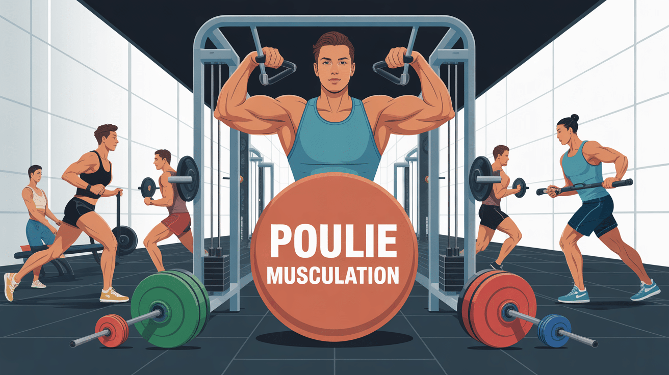 illustration poulie musculation, groupes musculaires, station moderne
