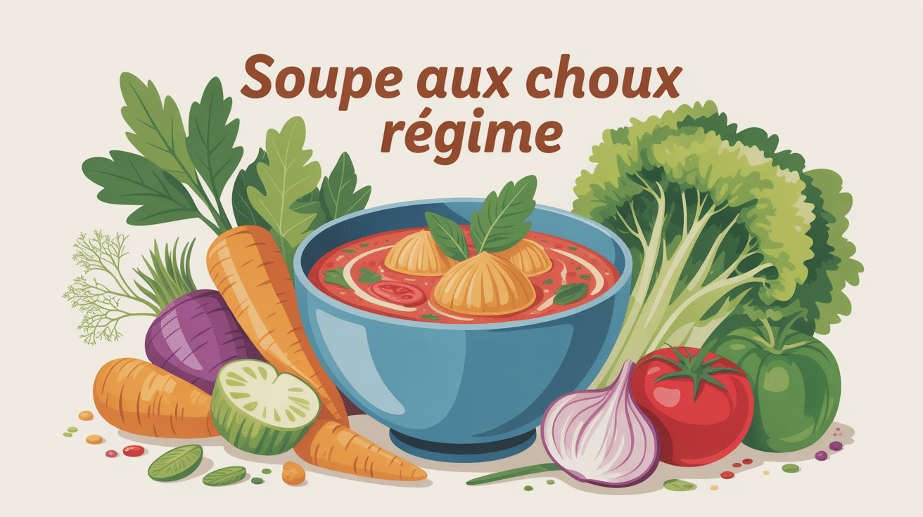 Soupe aux choux recette regime, bol entouré de légumes, idée saine