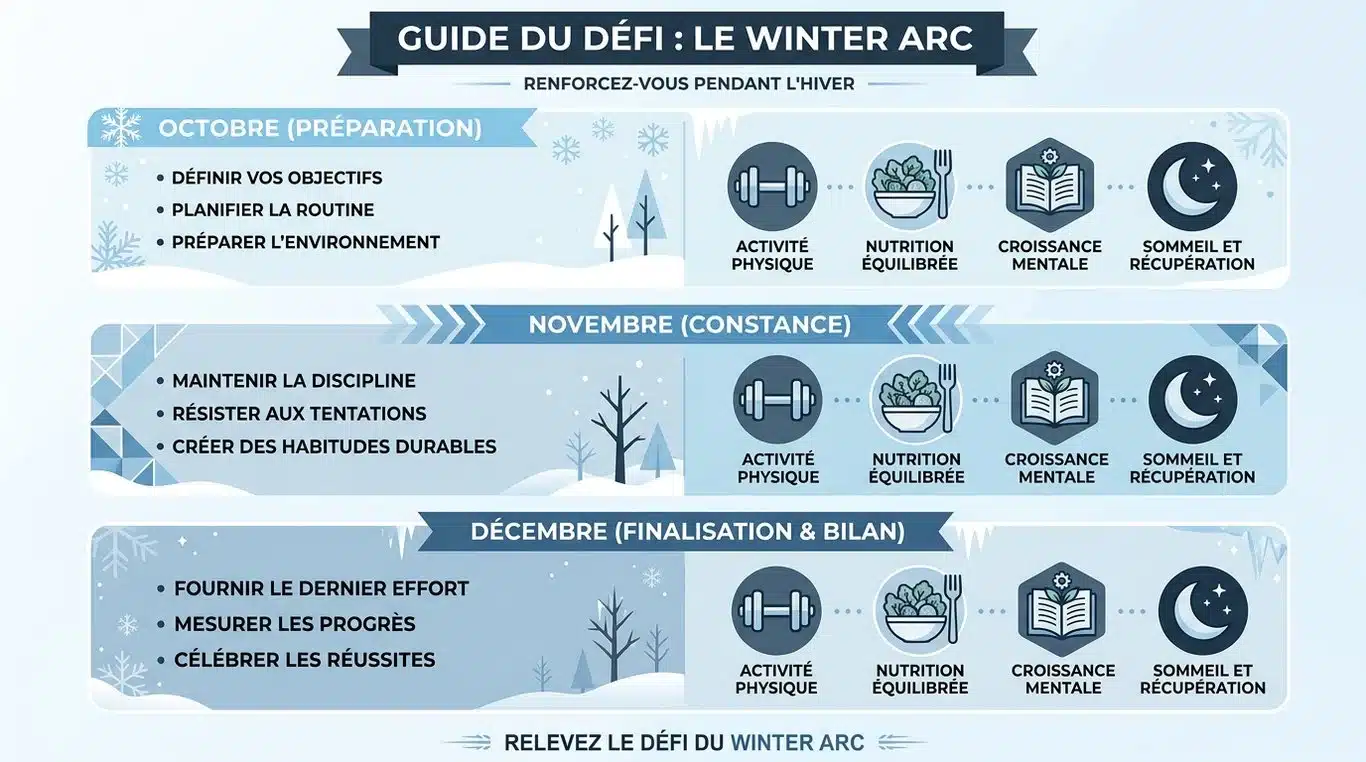 Infographie récapitulative des piliers et des phases du challenge Winter Arc sur 90 jours