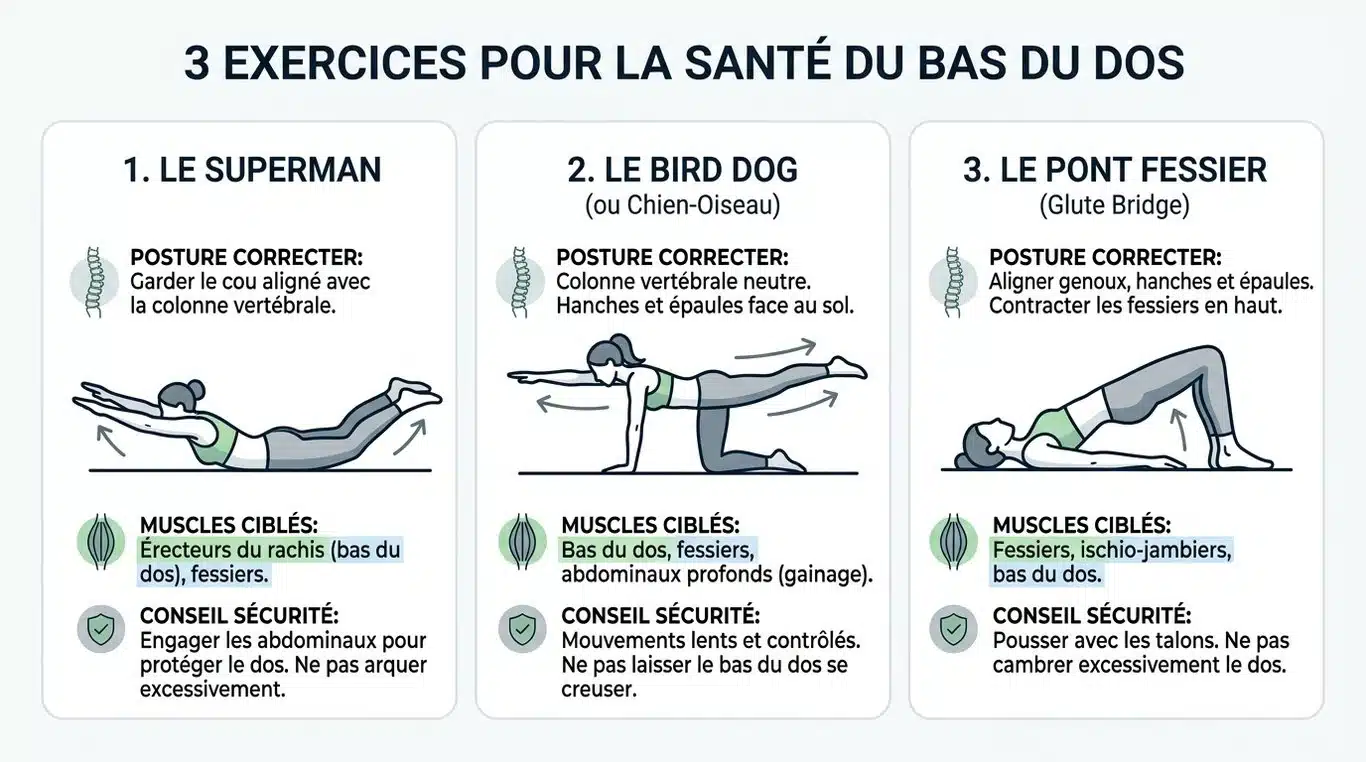 Infographie illustrant les trois exercices clés pour renforcer le bas du dos : Superman, Bird Dog et Pont fessier.