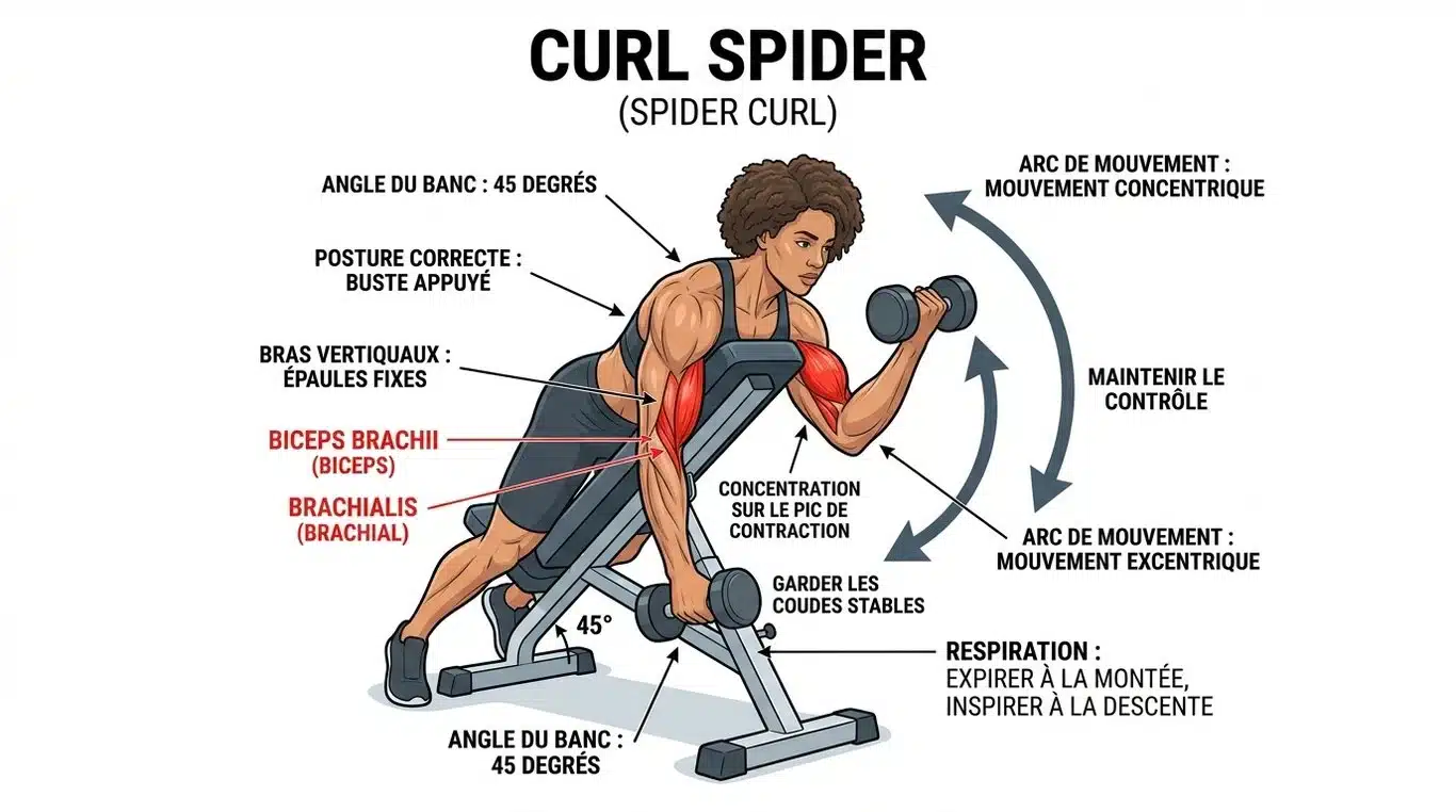 Infographie illustrant la technique du spider curl et les muscles sollicités