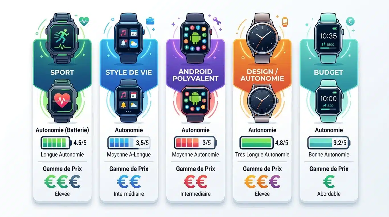 Infographie comparative des meilleures montres connectées par profil d'utilisation et autonomie