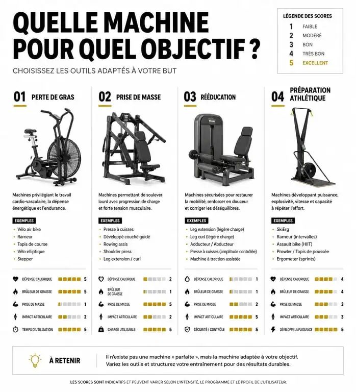 Infographie comparative des machines en salle de sport selon les objectifs d'entraînement
