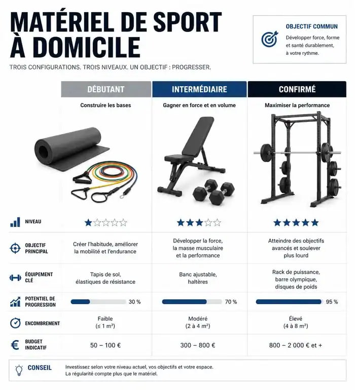 Infographie comparative des configurations de matériel de sport maison pour débutants, intermédiaires et confirmés