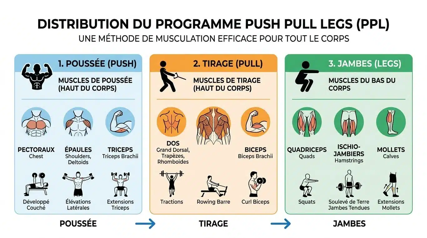 Infographie résumant la répartition musculaire du programme Push Pull Legs