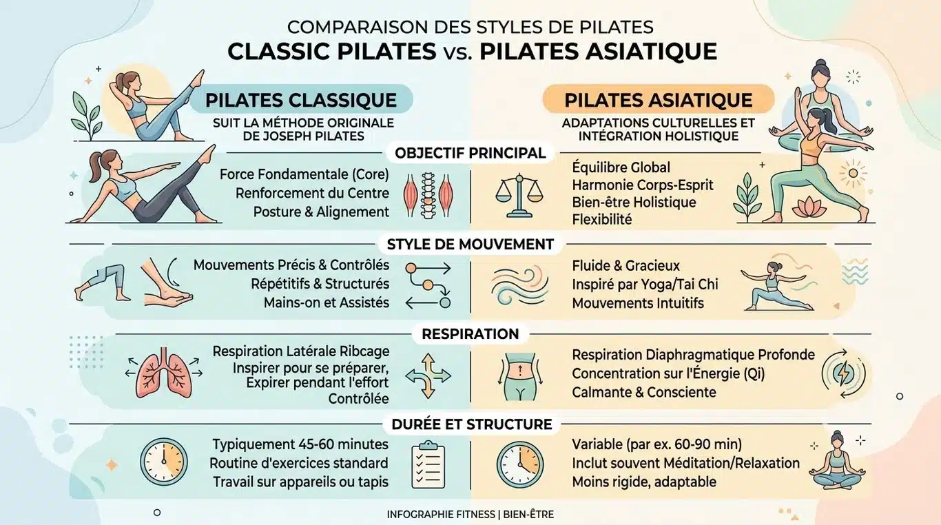Comparatif visuel entre le Pilates classique et le Pilates asiatique