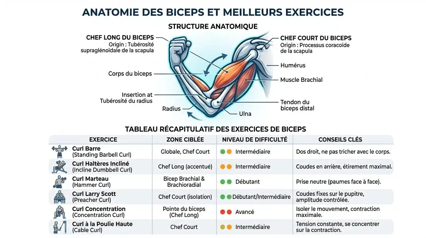 Infographie des exercices pour les biceps et anatomie
