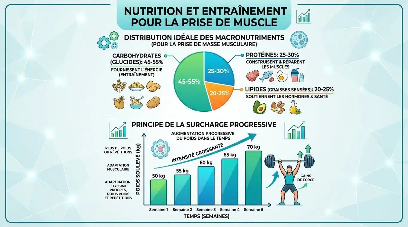 Infographie sur la répartition des macronutriments et la surcharge progressive pour la prise de masse