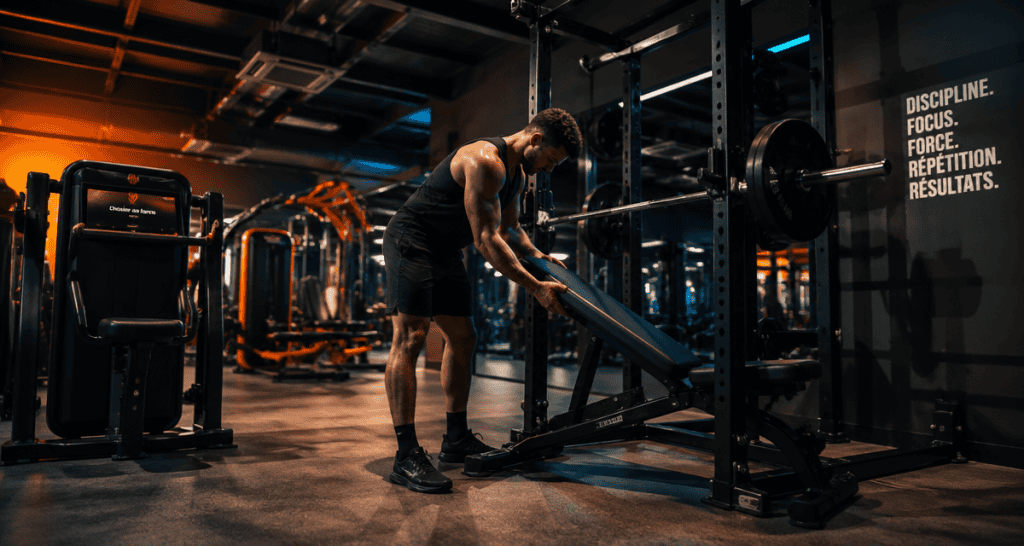 machine en salle de sport avec banc et cage à squat