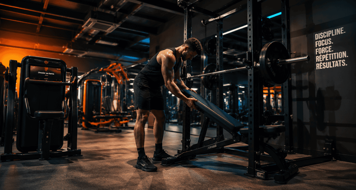 machine en salle de sport avec banc et cage à squat