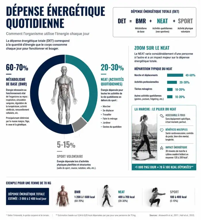 Infographie sur la dépense énergétique : NEAT vs sport et marche pour la perte de poids