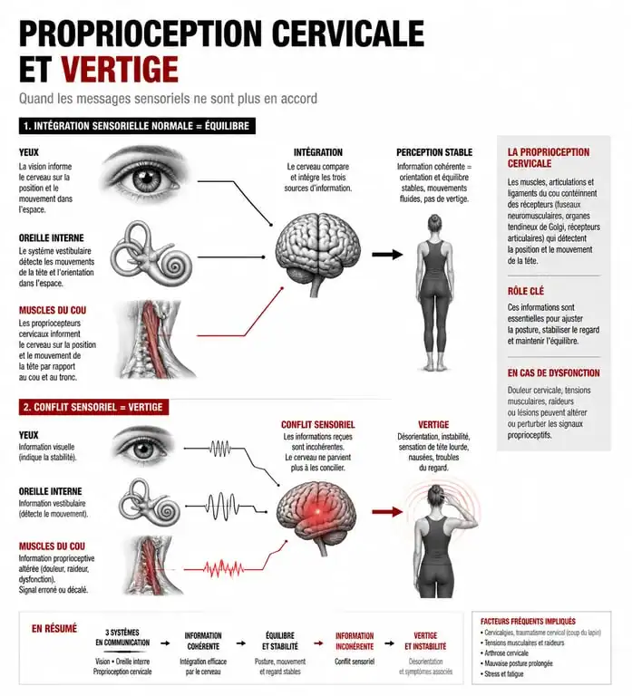 Schéma explicatif du mécanisme des vertiges cervicogènes et du conflit sensoriel