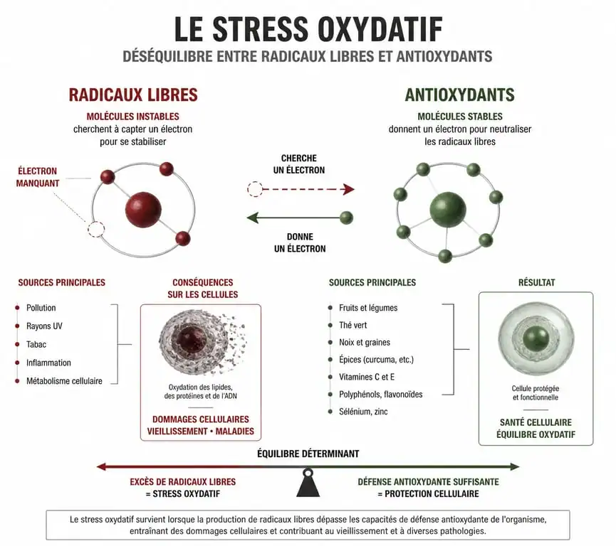 Schéma explicatif du stress oxydatif : équilibre entre radicaux libres et antioxydants dans la cellule