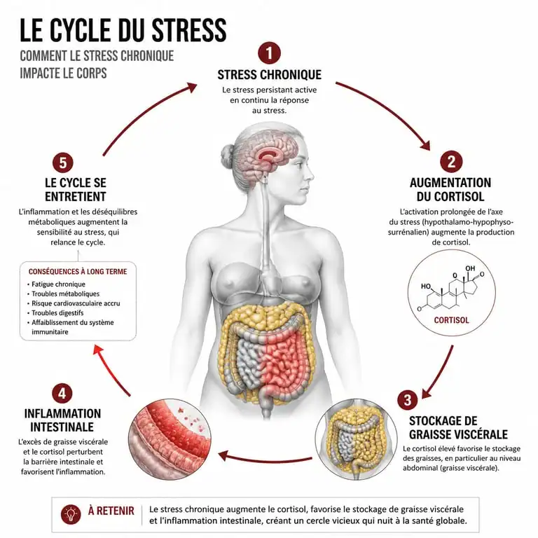 Schéma explicatif du lien entre taux de cortisol élevé et ventre gonflé