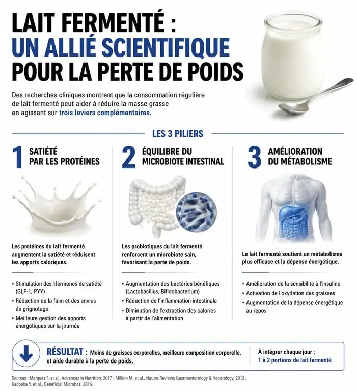 Infographie sur les bienfaits du lait fermenté et la perte de poids, montrant le rôle des probiotiques et des protéines sur le métabolisme.