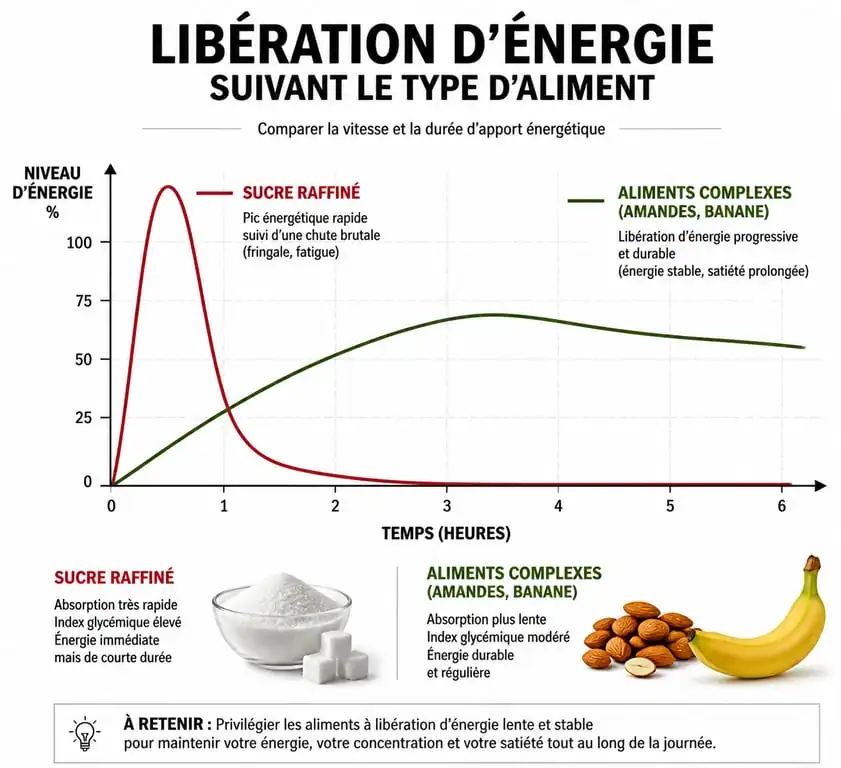 Infographie sur les aliments qui donnent de l'énergie rapidement et leur impact sur la glycémie