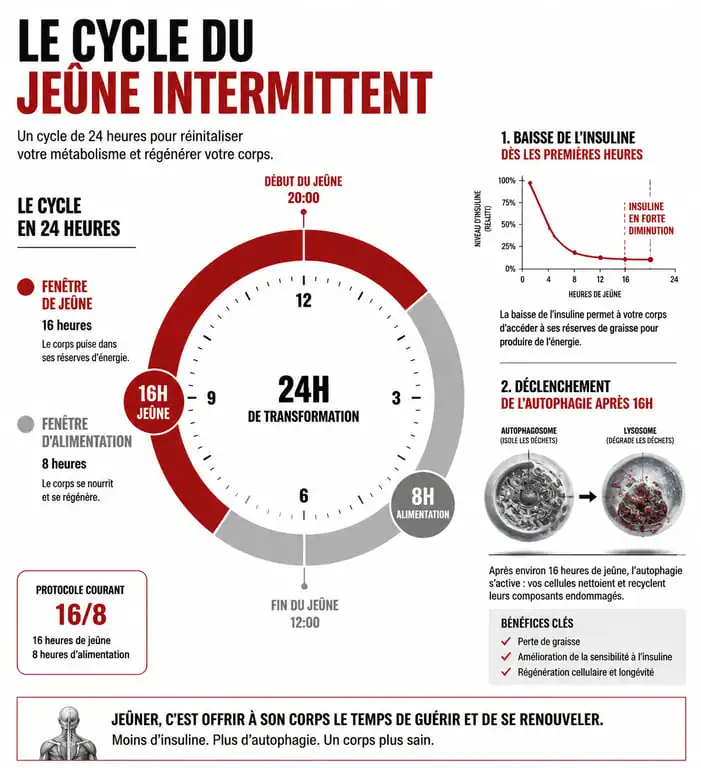 Infographie expliquant les mécanismes physiologiques du jeûne intermittent et comment faire le jeûne intermittent efficacement