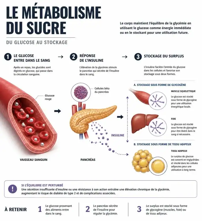 Infographie expliquant le métabolisme du sucre et comment le sucre fait grossir via l'insuline