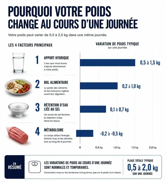 Infographie explicative des variations de poids au cours de la journée : pourquoi le poids change entre le matin et le soir.