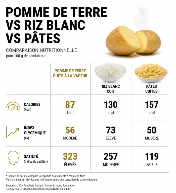 Infographie comparative des bienfaits de la pomme de terre pour régime par rapport aux autres féculents