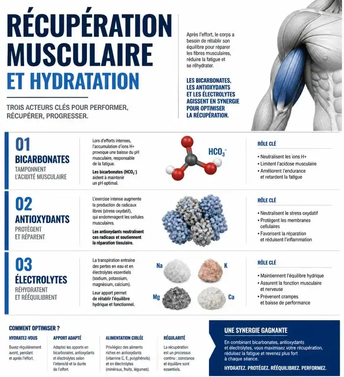 Infographie sur l'hydratation et la récupération musculaire : rôle des bicarbonates, antioxydants et électrolytes pour réduire les courbatures