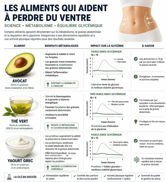 Infographie des meilleurs aliments pour perdre le ventre et réduire la graisse abdominale