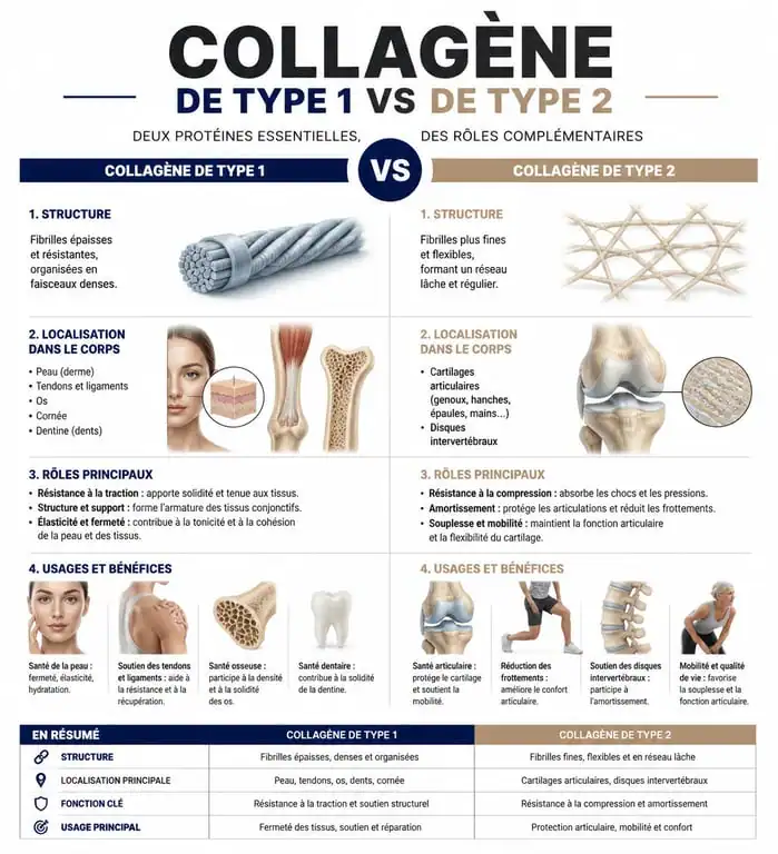 Infographie comparative des bienfaits et différences entre le collagène de type 1 et de type 2 pour la peau et les articulations