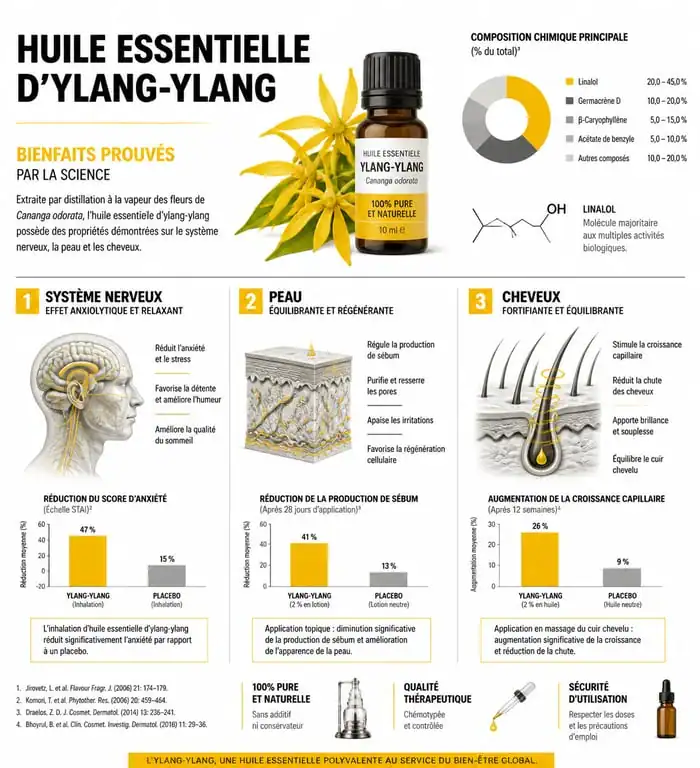 Infographie des bienfaits de l'huile essentielle d'ylang-ylang sur la santé, la peau et les cheveux