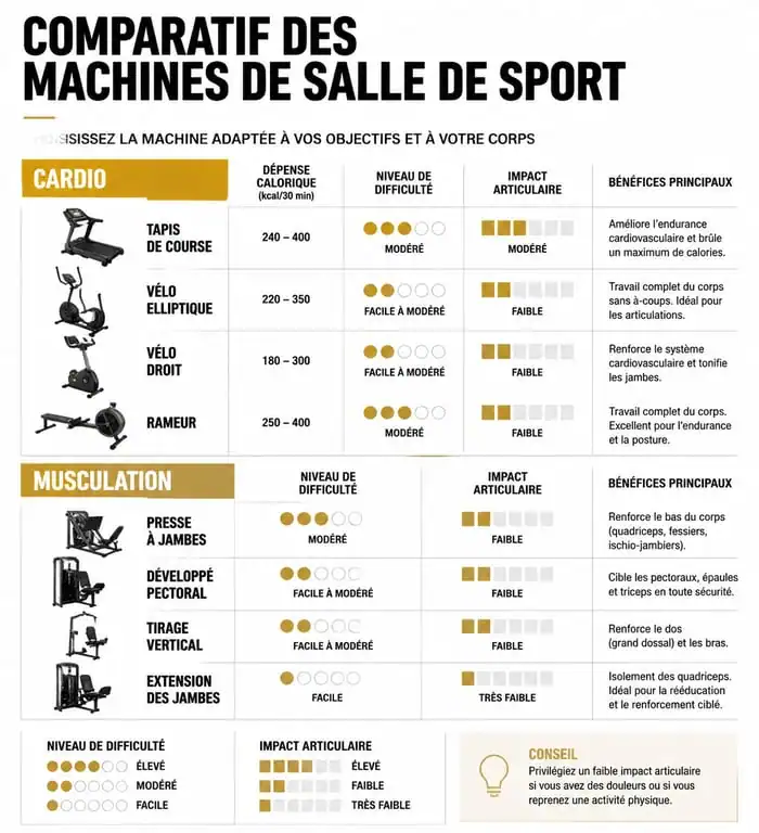 Infographie comparative des machines de salle de sport : cardio, musculation, impact et niveau