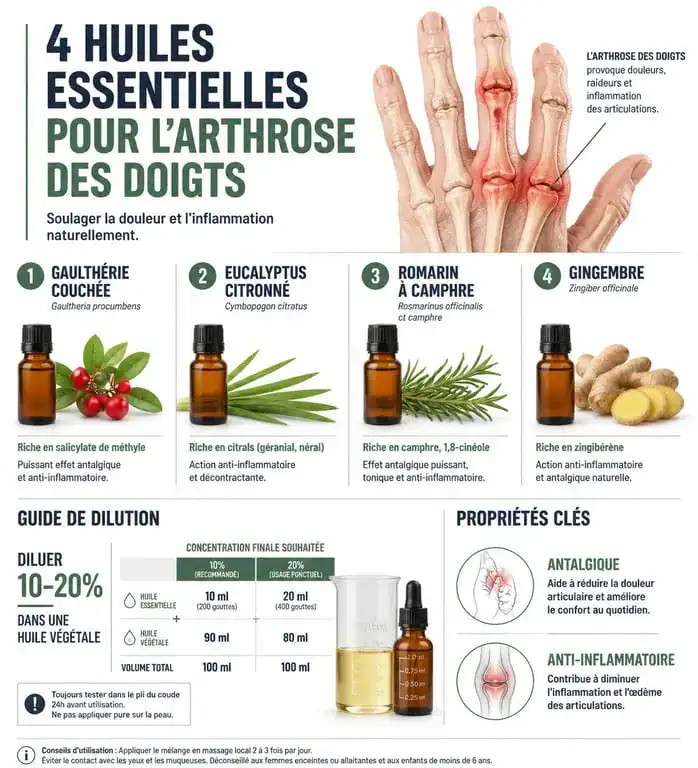 Infographie sur les huiles essentielles pour l'arthrose des doigts : propriétés et conseils de dilution