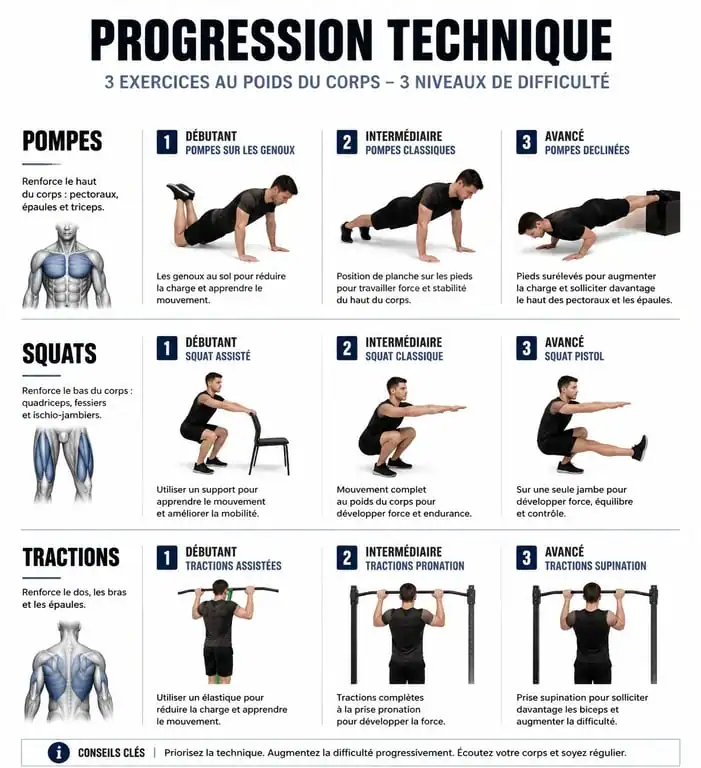 Infographie illustrant la progression technique des exercices de musculation poids du corps pour un programme efficace