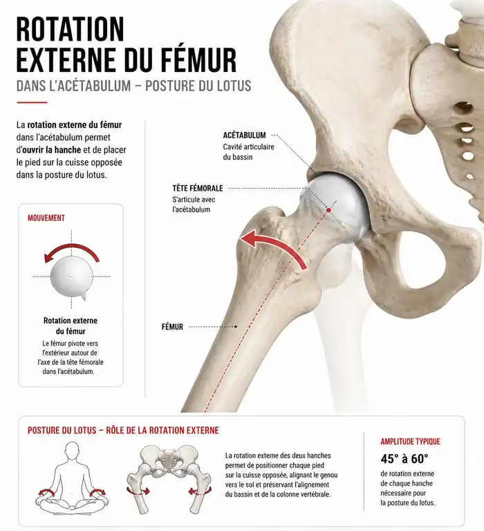 Schéma anatomique de la rotation des hanches pour la posture du lotus Padmasana