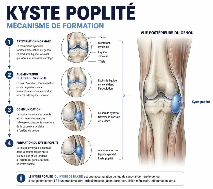 Schéma explicatif du mécanisme de formation d'un kyste poplité derrière le genou