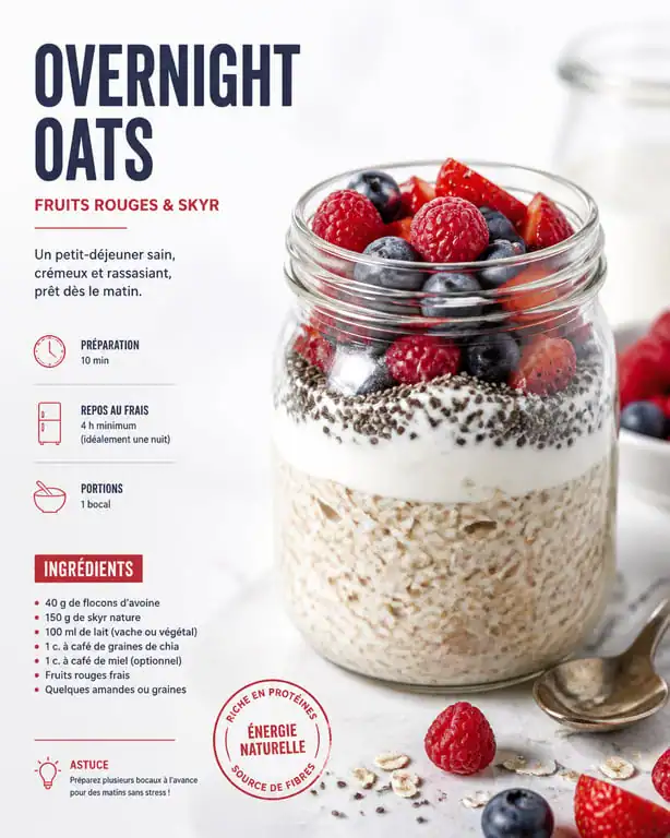 Bol d'overnight oats pour la perte de poids avec fruits frais et graines de chia
