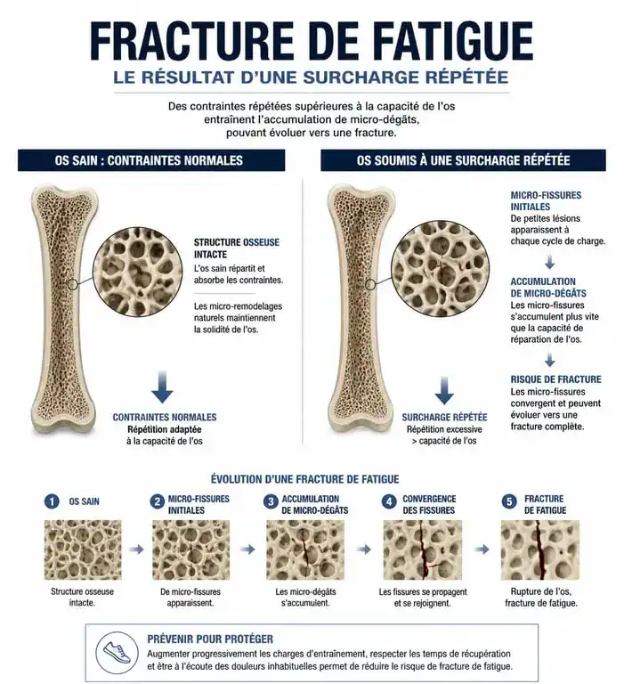 Infographie expliquant le mécanisme de la fracture de fatigue et l'accumulation de micro-traumatismes osseux
