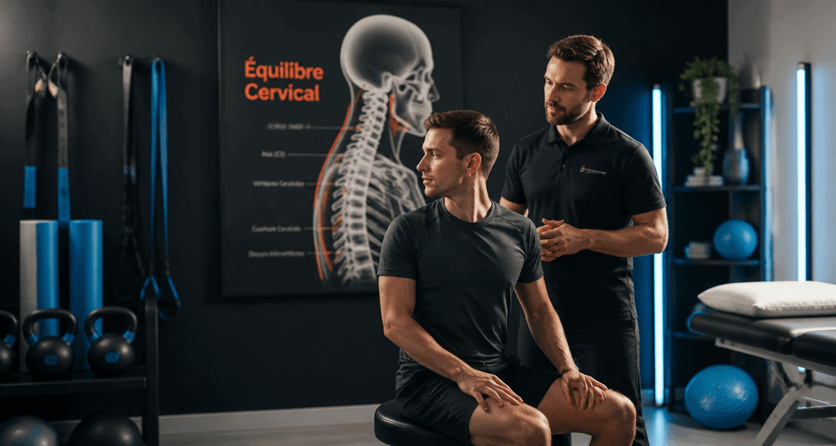 Homme en rééducation cervicales et vertiges avec thérapeute