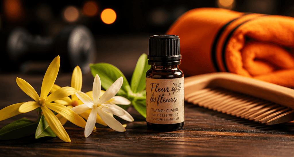 huile essentielle ylang ylang bienfaits sur table avec fleurs