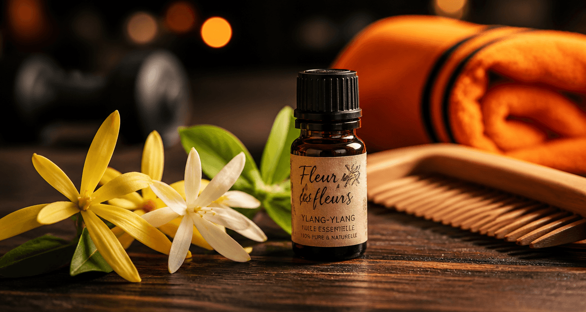 huile essentielle ylang ylang bienfaits sur table avec fleurs