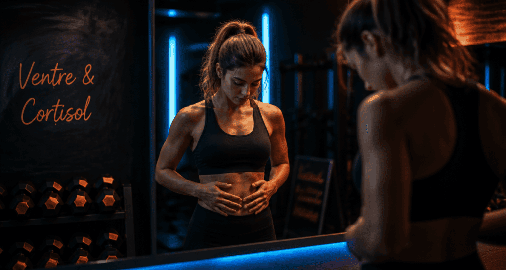Taux de cortisol eleve et ventre gonfle chez femme devant miroir