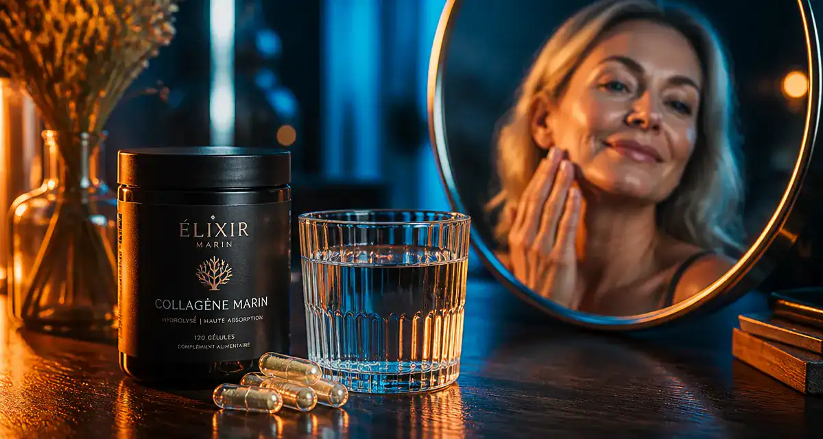 collagene marin en gelules sur table avec femme souriante