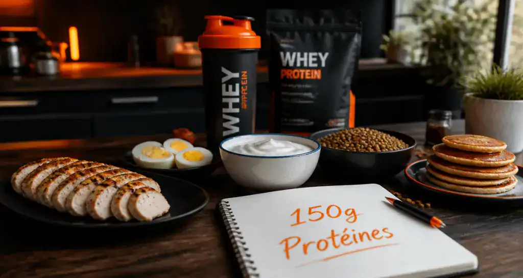 comment manger 150 g de protéine par jour, aliments sur plan de travail