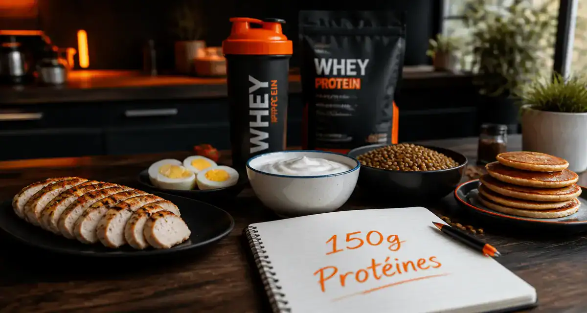 comment manger 150 g de protéine par jour, aliments sur plan de travail